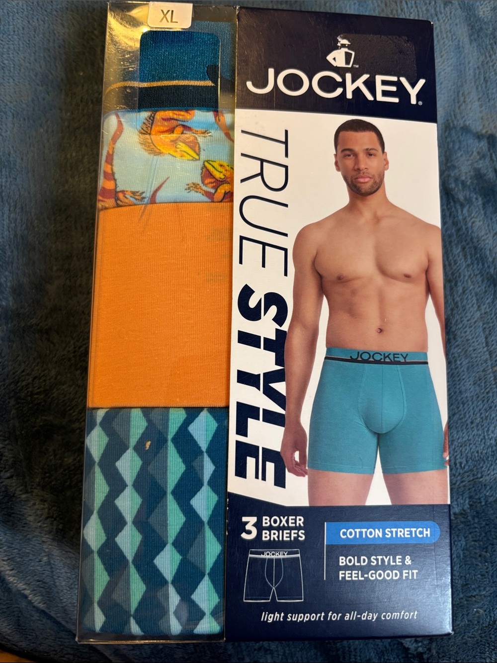 Jockey 3-Pack Boxer Briefs in Teal, Orange, and Blue Pattern